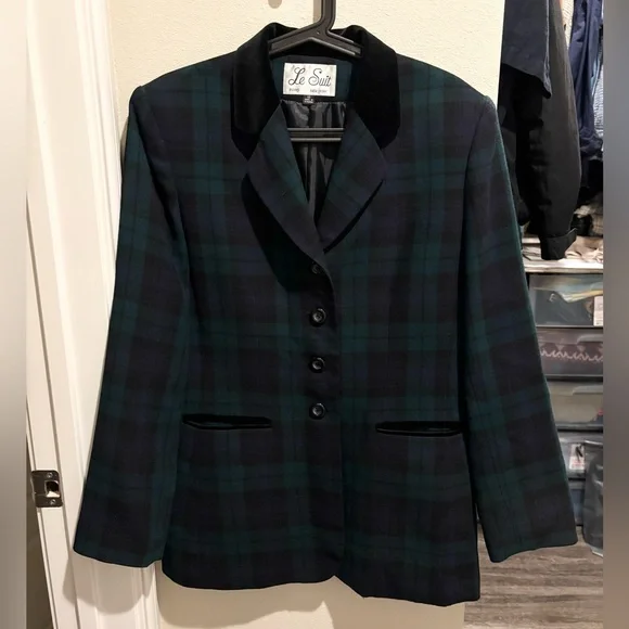 Vintage Le Suit Women's Navy and Green Tartan Blazer Size 10 - Picture 1 of 5